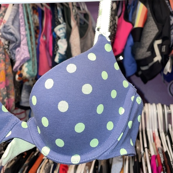 Blue with green polka dots Retro y2k bra Lined Demi bra perfect shape size 32b - Picture 3 of 8